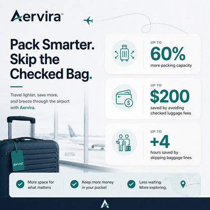 Aervira Vacuum Kit benefits graphic showing a carry-on suitcase at the airport with highlights for more packing space, checked bag savings, and less waiting