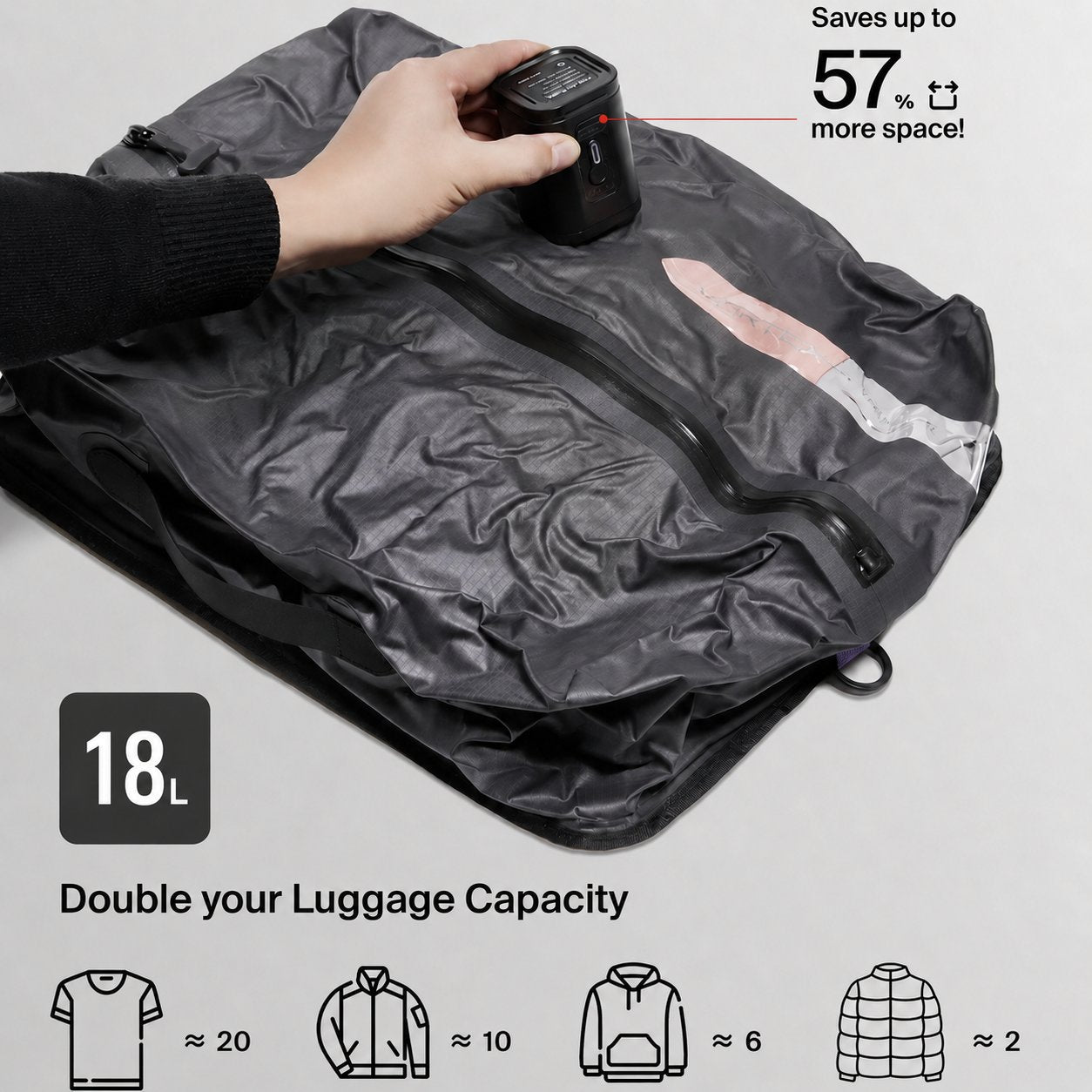 Aervira mini pump compressing an 18 liter travel bag to save luggage space