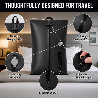 Aervira Vacuum Kit feature infographic showing hanging loop, airtight waterproof zipper, one-way air valve, visible window, and easy-pull T-shaped zipper