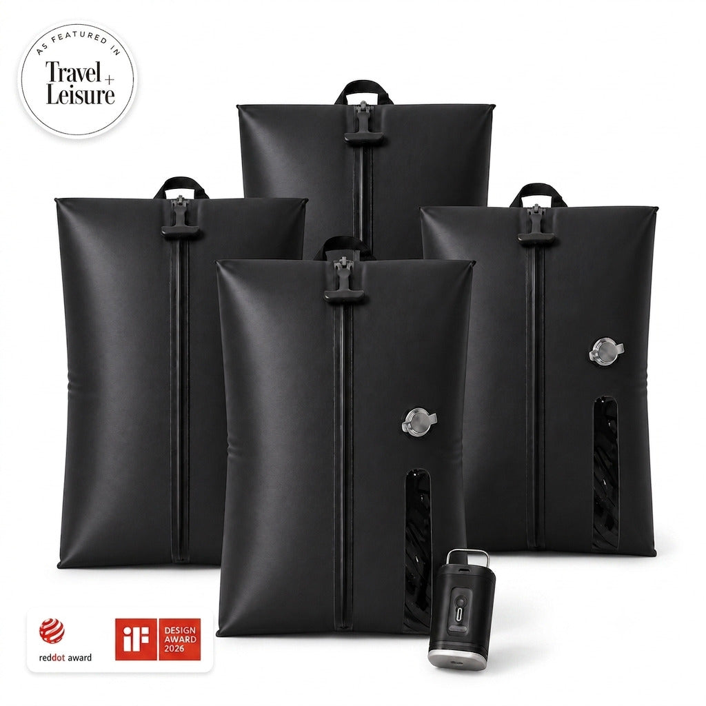 Aervira™ Vacuum Kit 4 Bag Kit with four black vacuum travel bags and mini pump for carry-on luggage packing