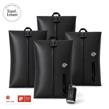 Aervira™ Vacuum Kit 4 Bag Kit with four black vacuum travel bags and mini pump for carry-on luggage packing