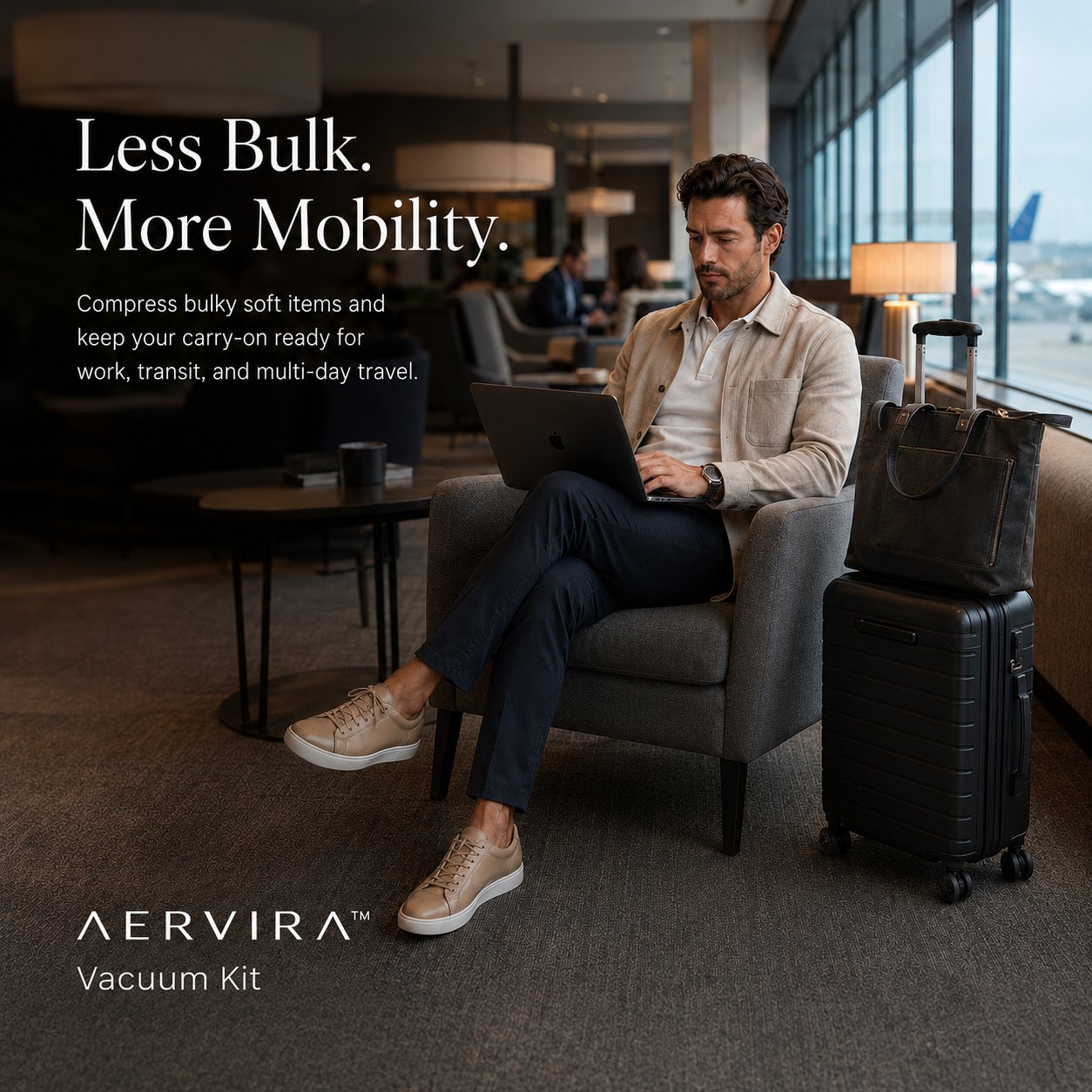 Aervira Vacuum Kit lifestyle ad with business traveler working in airport lounge beside carry-on luggage