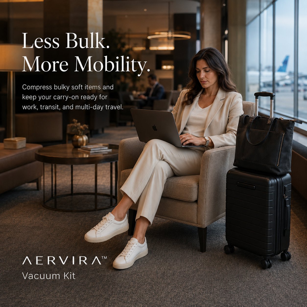 Aervira Vacuum Kit for female business traveler packing light with carry-on luggage in an airport lounge