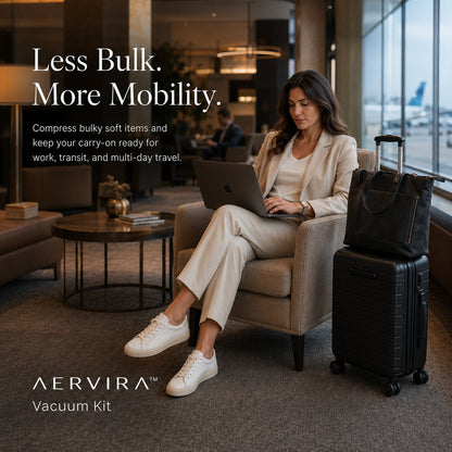 Aervira Vacuum Kit for female business traveler packing light with carry-on luggage in an airport lounge