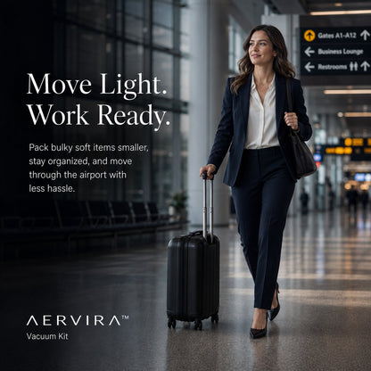 Aervira Vacuum Kit for female business traveler packing light with a carry-on suitcase at the airport