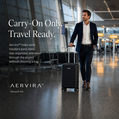 Aervira Vacuum Kit for male business traveler packing carry-on only with suitcase at the airport