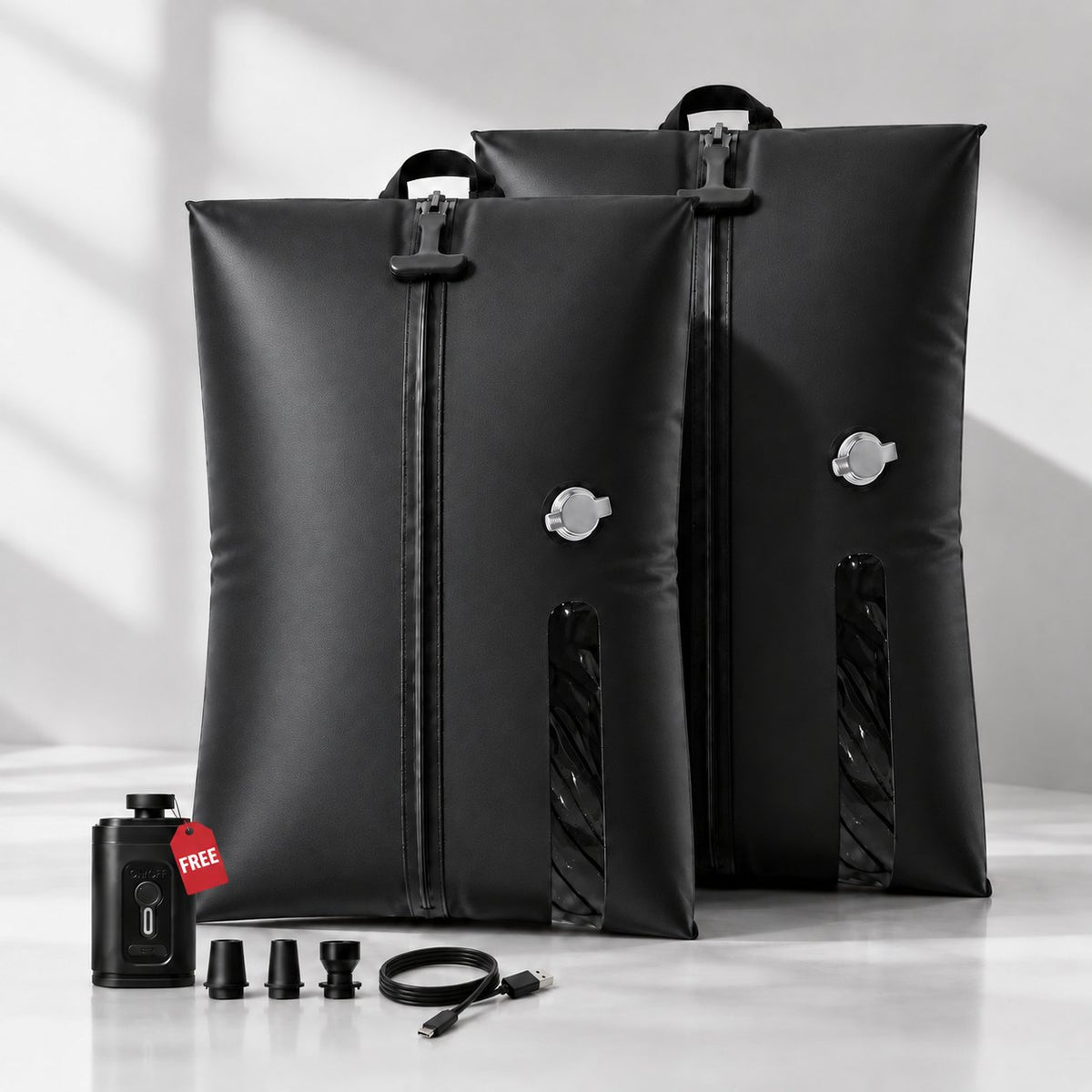 Two Aervira black travel vacuum compression bags with a rechargeable mini pump, nozzle adapters and a USB-C cable.