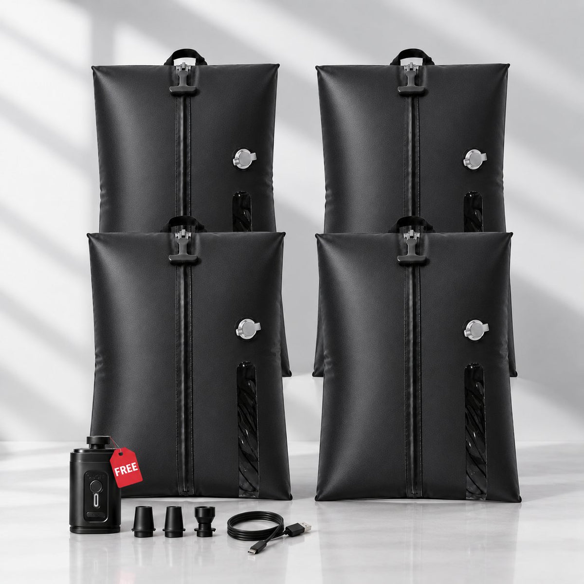 Four Aervira black travel vacuum compression bags with a rechargeable mini pump, nozzle adapters and a USB-C cable.