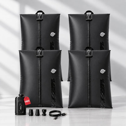 Four Aervira black travel vacuum compression bags with a rechargeable mini pump, nozzle adapters and a USB-C cable.
