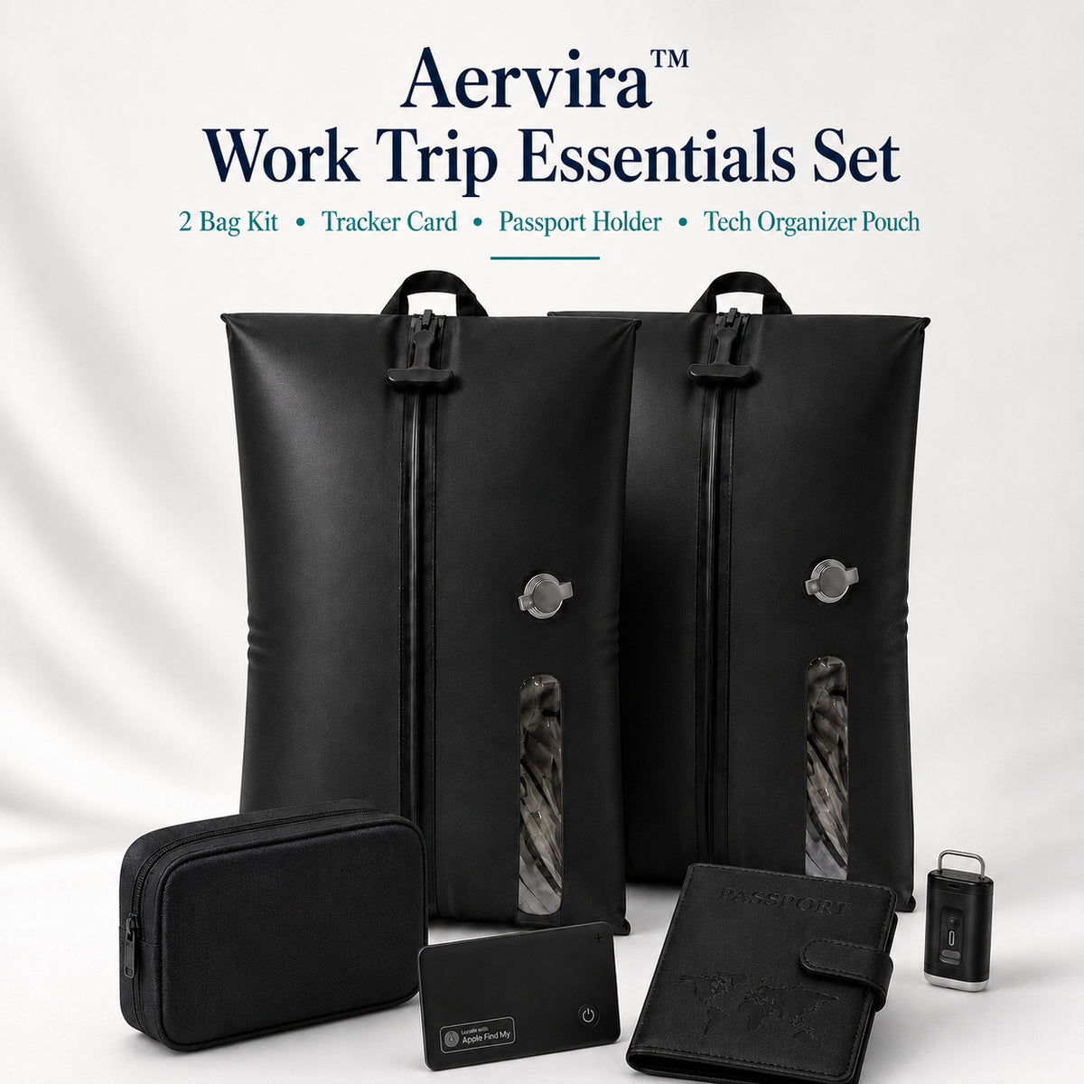 Aervira™ Work Trip Essentials Set with 2 travel vacuum bags, mini pump, tracker card, passport holder, and tech organizer pouch
