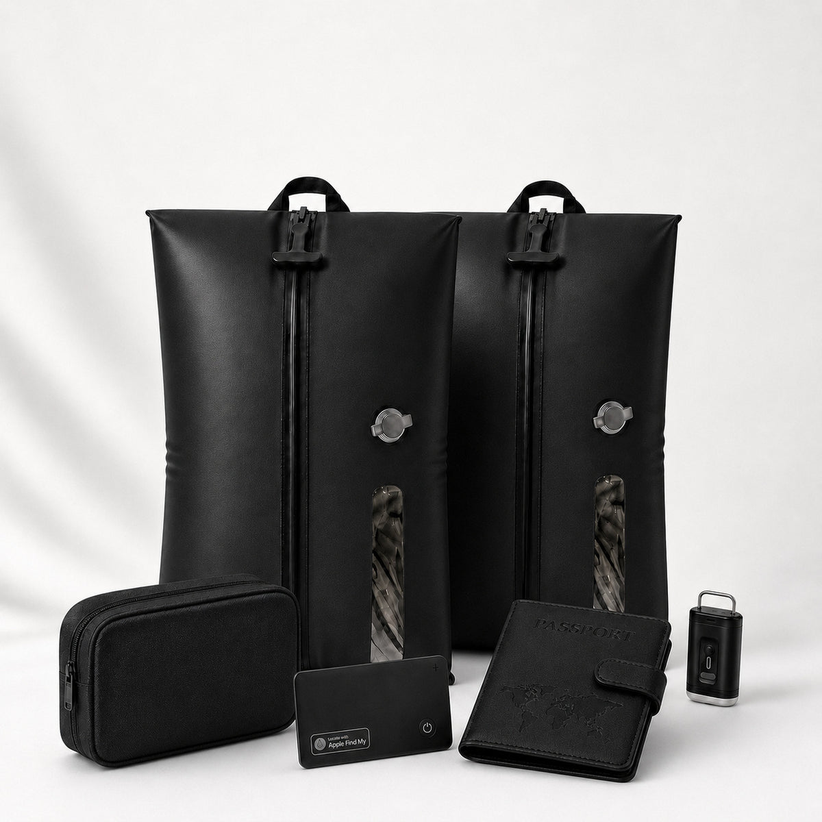 Aervira™ Work Trip Essentials Set with 2 travel vacuum bags, mini pump, tracker card, passport holder, and tech organizer pouch