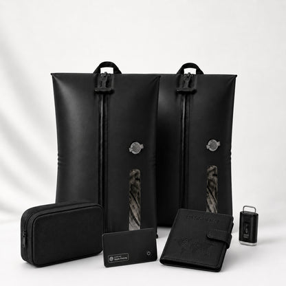 Aervira™ Work Trip Essentials Set with 2 travel vacuum bags, mini pump, tracker card, passport holder, and tech organizer pouch