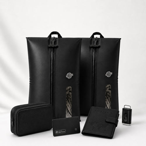 Aervira™ Work Trip Essentials Set with 2 travel vacuum bags, mini pump, tracker card, passport holder, and tech organizer pouch