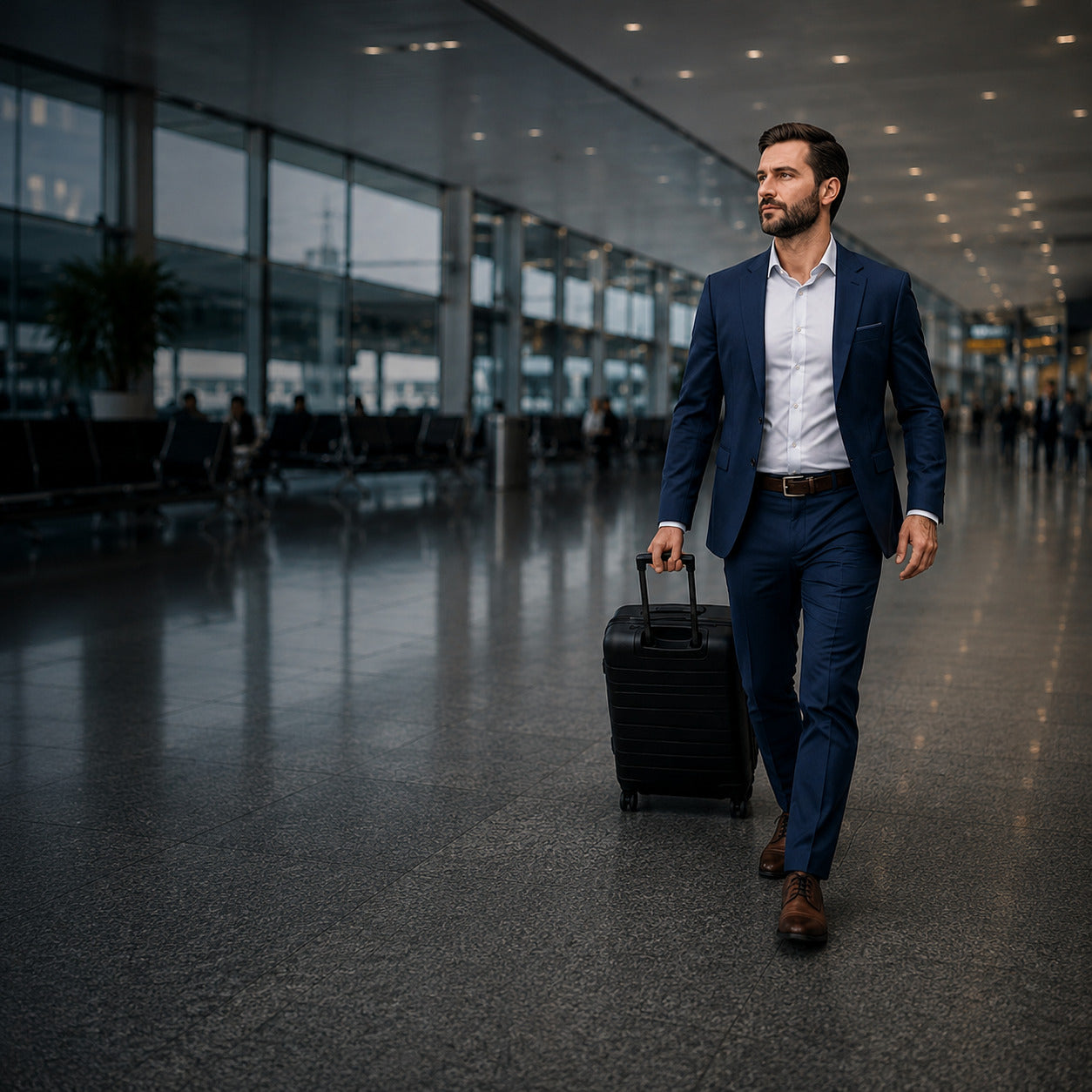 Business traveler with carry-on suitcase for Aervira work trip packing system