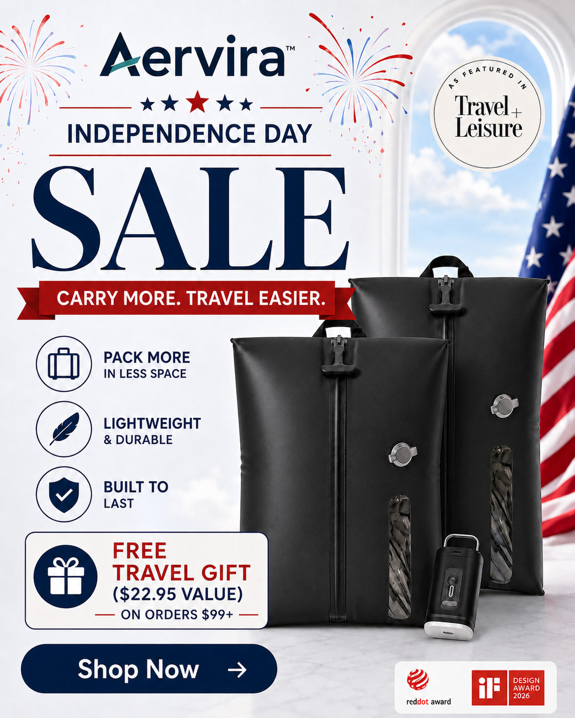 Aervira Independence Day Sale banner featuring travel vacuum bags with pump, carry-on packing benefits, and free travel gift on orders $99+