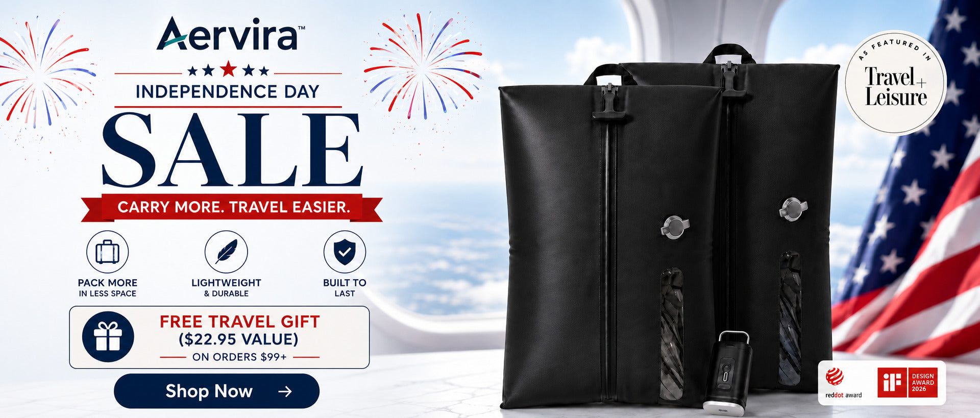 Aervira Vacuum Kit with travel vacuum bags and mini pump for carry-on packing during Independence Day Sale