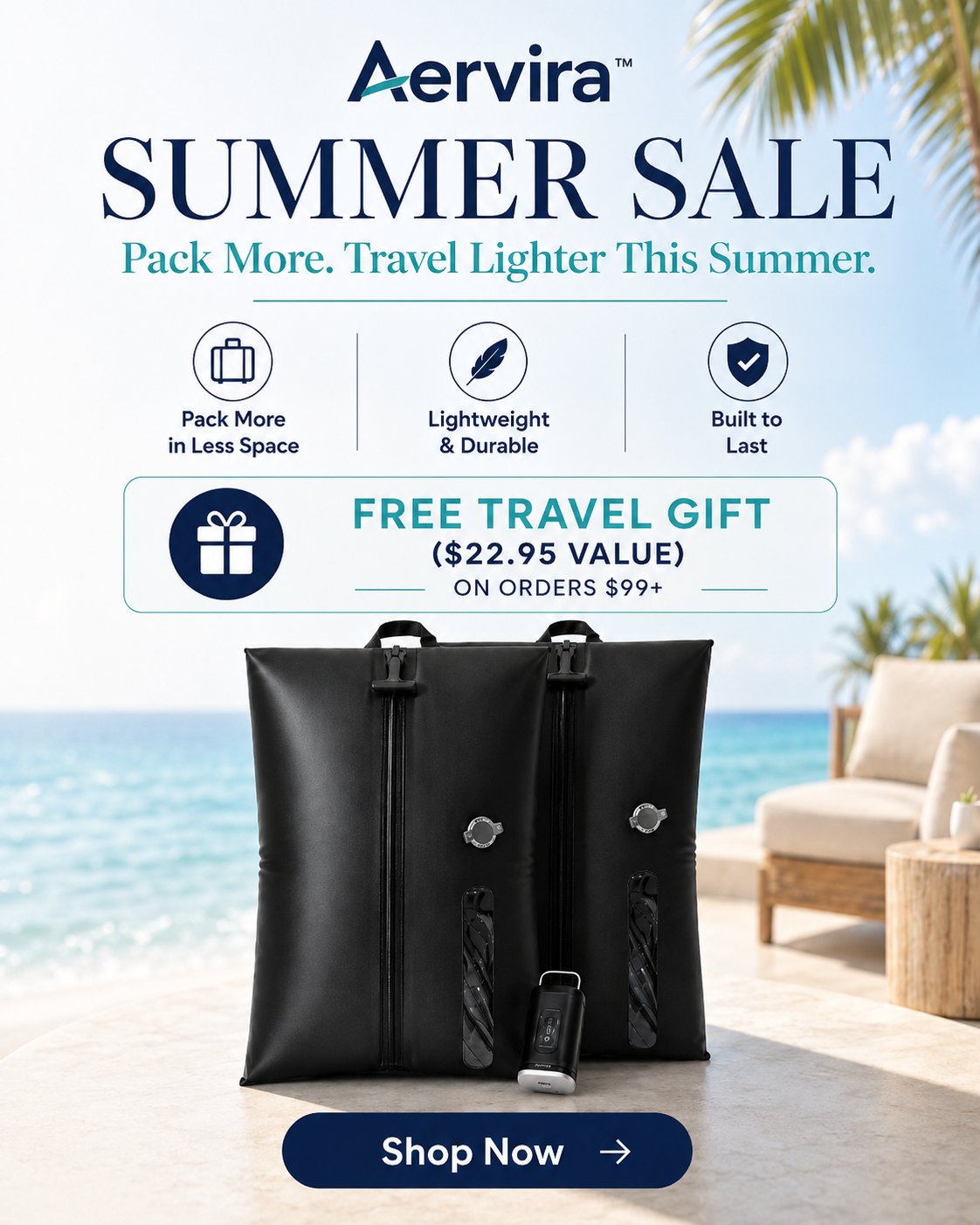 Aervira vacuum travel bags with portable pump featured in a summer sale promotion for space-saving travel packing