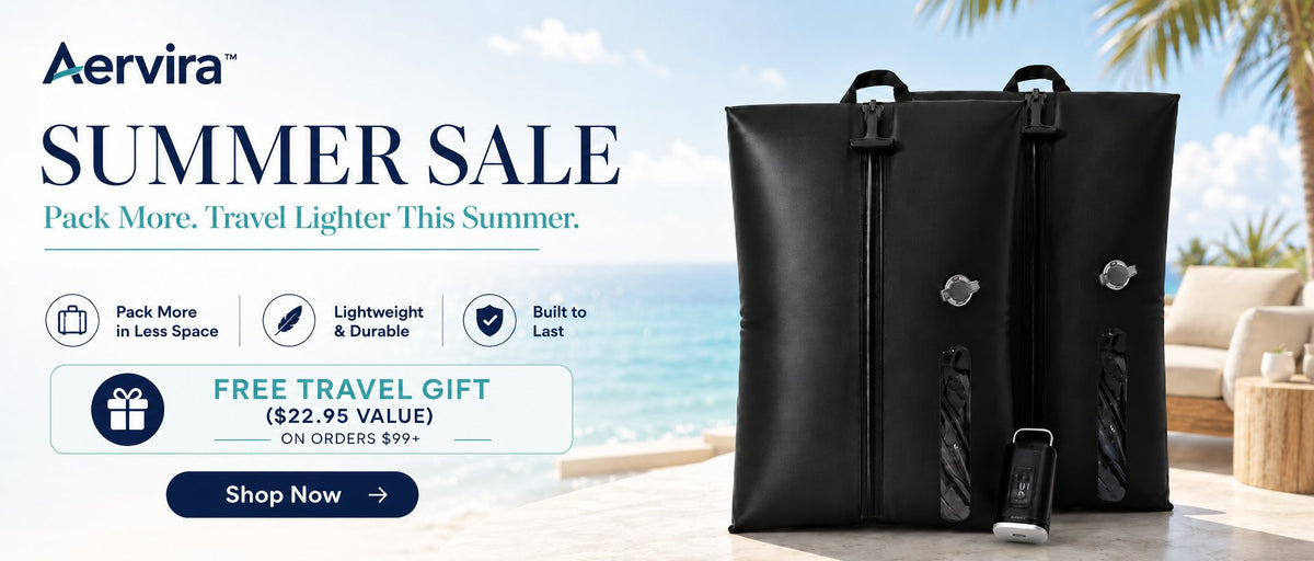 Aervira Summer Sale featuring reusable vacuum travel bags with a portable pump and a free travel gift offer