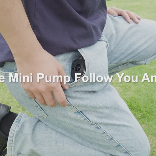 Aervira Rechargeable Mini Compression Pump video thumbnail showing the portable pump being carried in a pocket outdoors