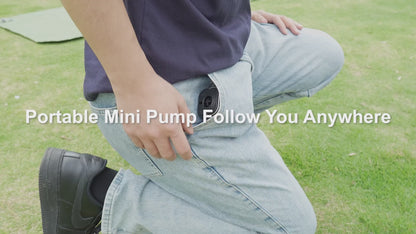 Aervira Rechargeable Mini Compression Pump video thumbnail showing the portable pump being carried in a pocket outdoors