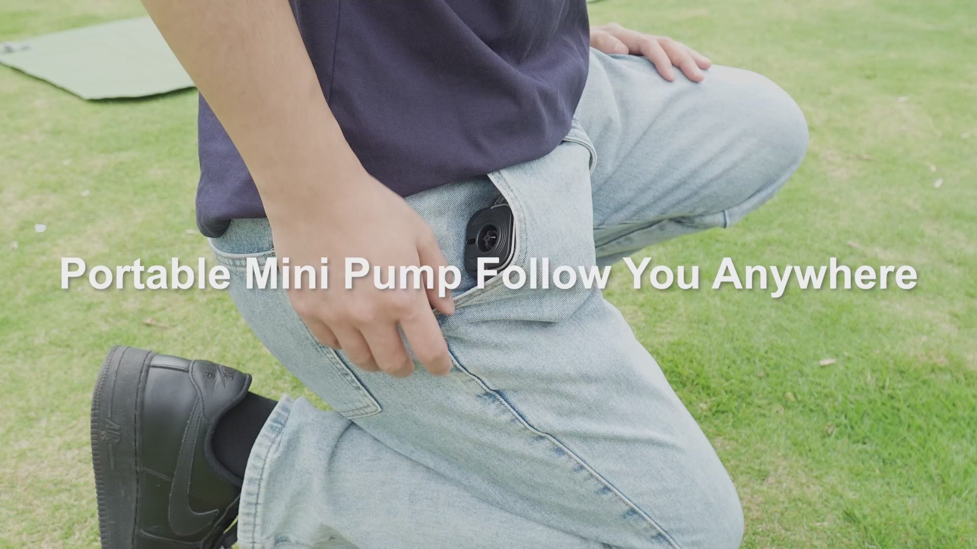 Aervira Rechargeable Mini Compression Pump video thumbnail showing the portable pump being carried in a pocket outdoors